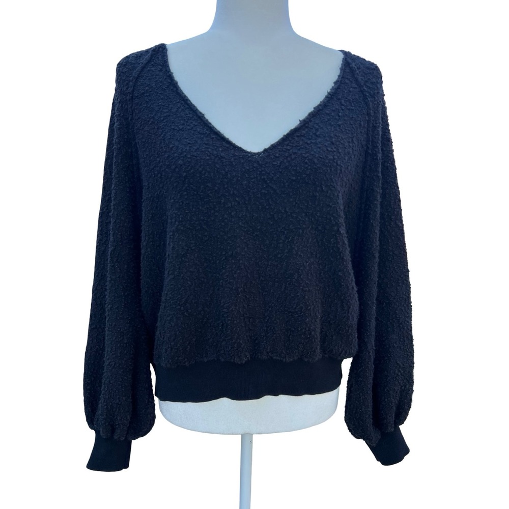 Free People Found My Friend V-Neck Boucle Balloon Sleeve Black S Boho Sweater